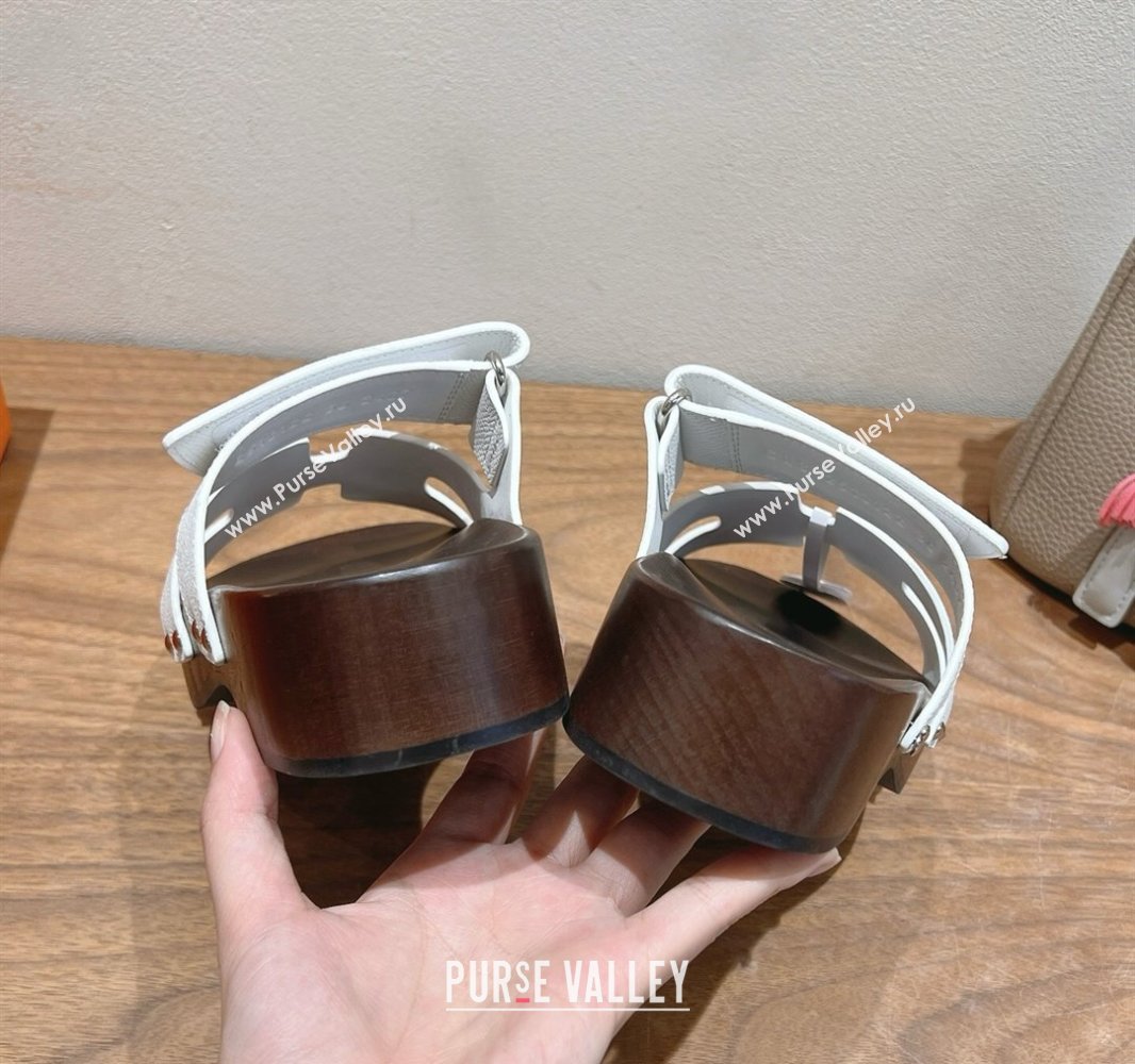 Hermes Kos Clog Slides Sandal 4cm in Epsom Leather and Wood Outsole White 2025 0419 (XC-250419047)