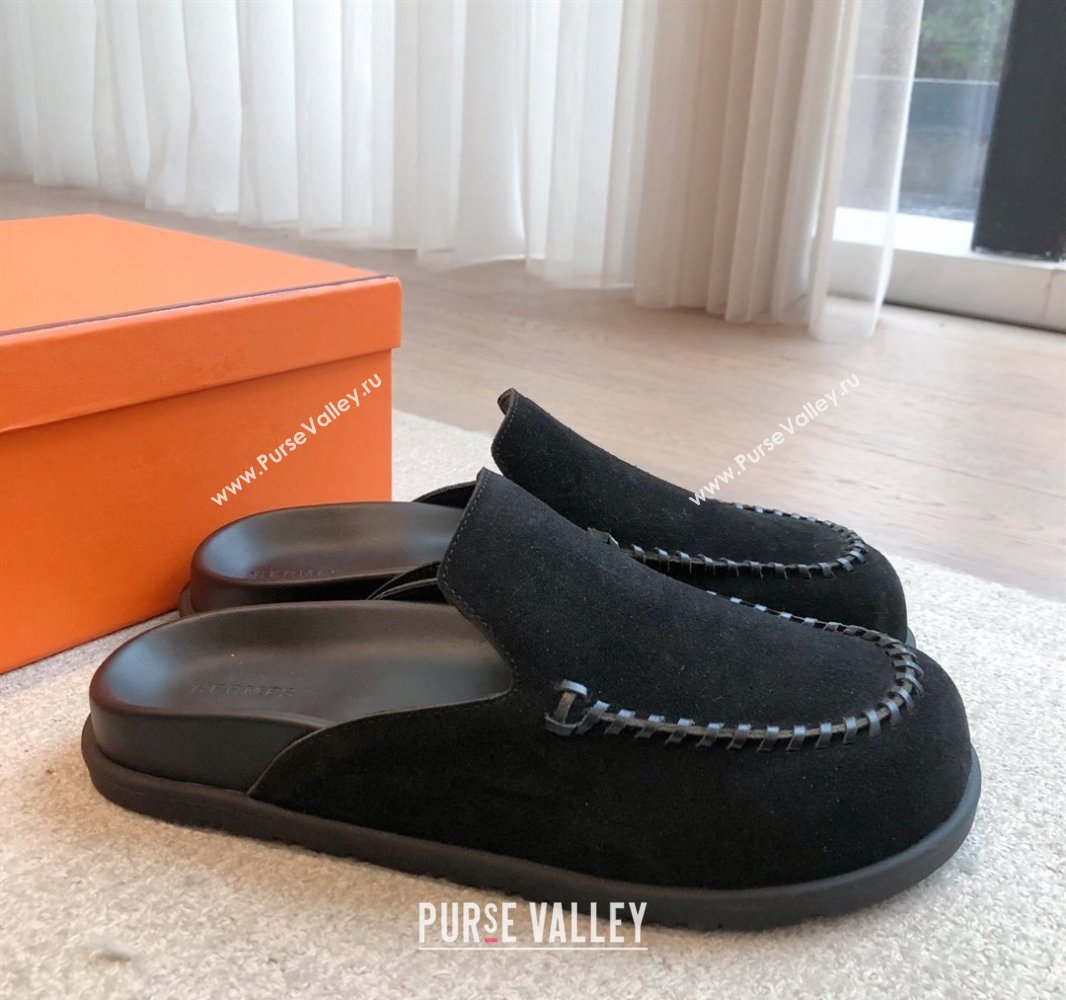 Hermes Johan Flat Mules in Suede Black 2025 0418 (XC-250418117)