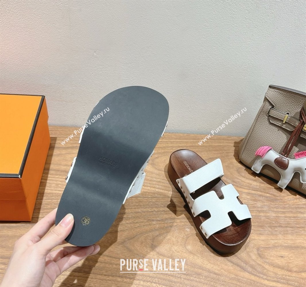 Hermes Kos Clog Slides Sandal 4cm in Epsom Leather and Wood Outsole White 2025 0419 (XC-250419047)