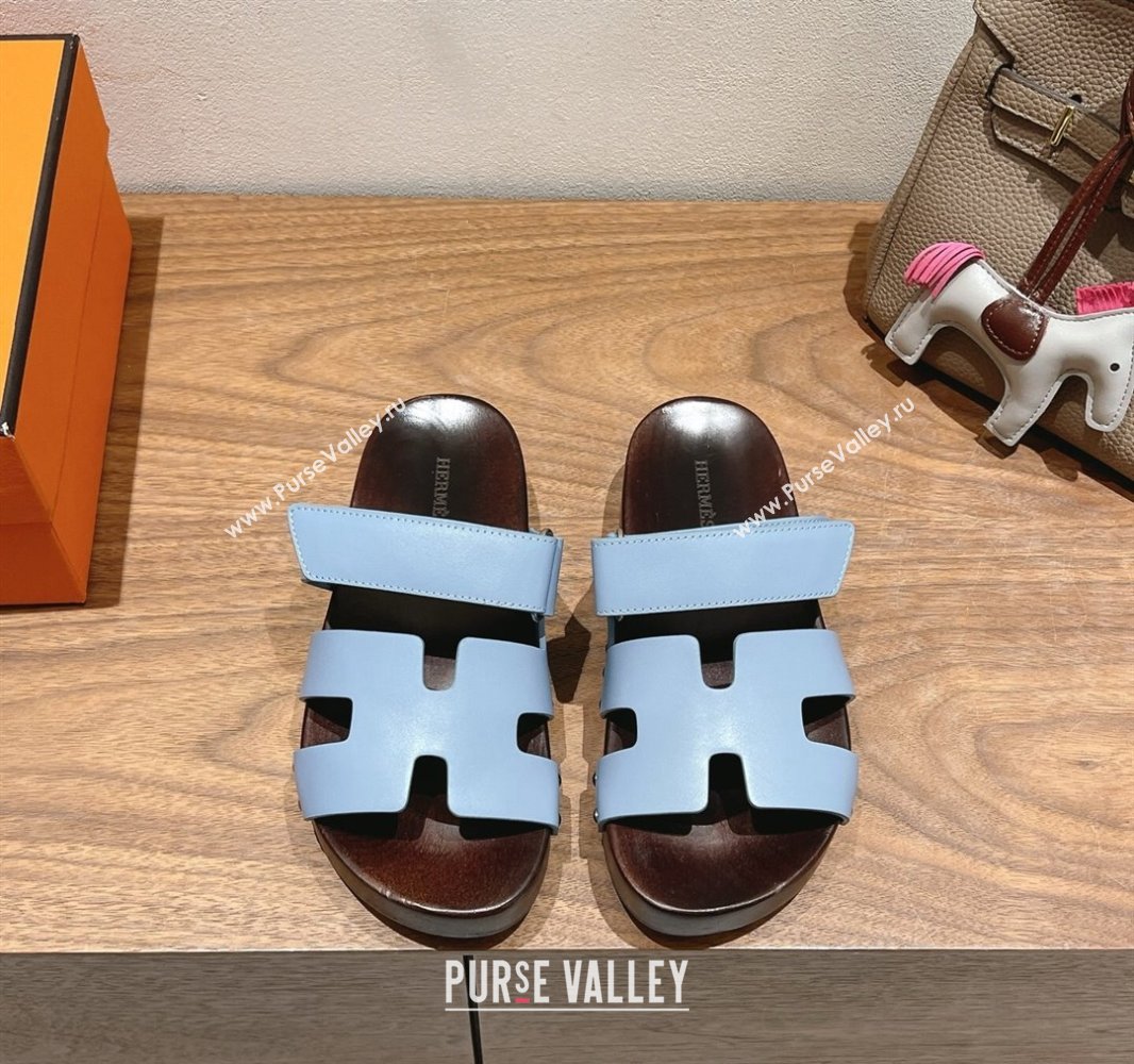 Hermes Kos Clog Slides Sandal 4cm in Calfskin Leather and Wood Outsole Blue 2025 0419 (XC-250419048)
