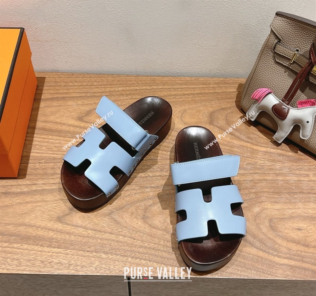 Hermes Kos Clog Slides Sandal 4cm in Calfskin Leather and Wood Outsole Blue 2025 0419 (XC-250419048)