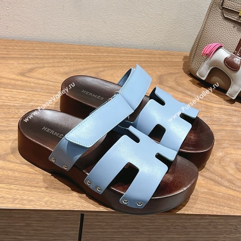 Hermes Kos Clog Slides Sandal 4cm in Calfskin Leather and Wood Outsole Blue 2025 0419 (XC-250419048)