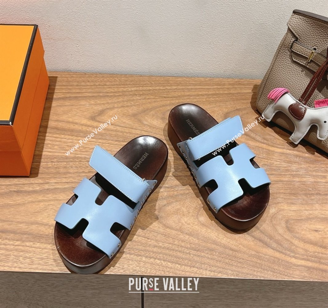 Hermes Kos Clog Slides Sandal 4cm in Calfskin Leather and Wood Outsole Blue 2025 0419 (XC-250419048)