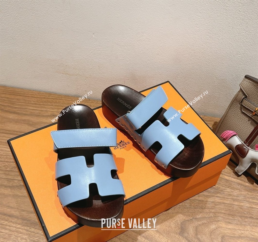 Hermes Kos Clog Slides Sandal 4cm in Calfskin Leather and Wood Outsole Blue 2025 0419 (XC-250419048)