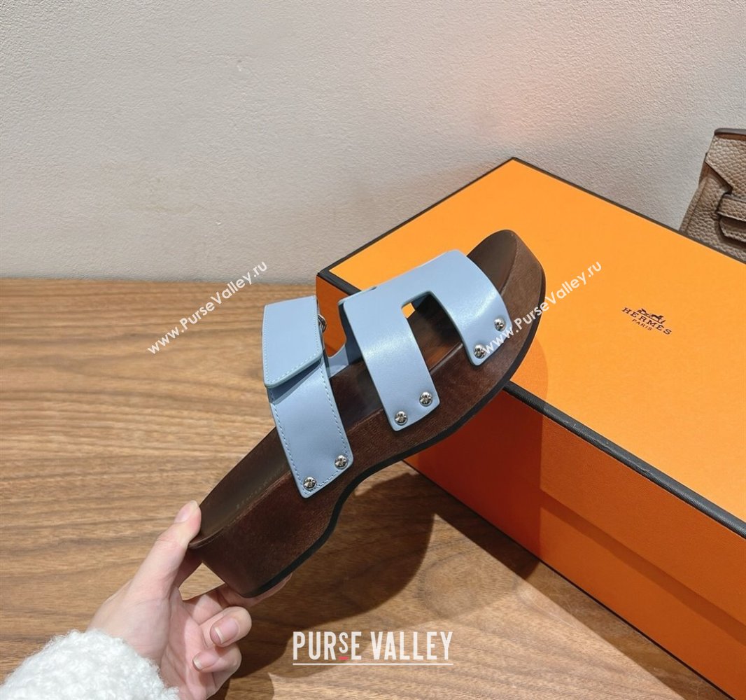 Hermes Kos Clog Slides Sandal 4cm in Calfskin Leather and Wood Outsole Blue 2025 0419 (XC-250419048)