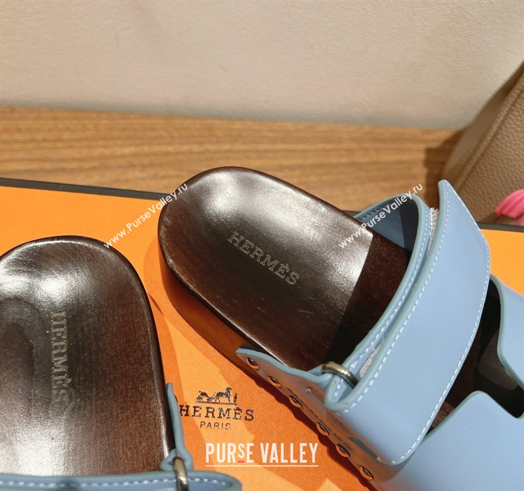 Hermes Kos Clog Slides Sandal 4cm in Calfskin Leather and Wood Outsole Blue 2025 0419 (XC-250419048)