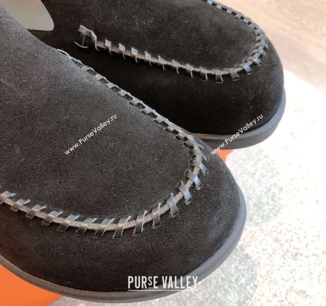 Hermes Johan Flat Mules in Suede Black 2025 0418 (XC-250418117)