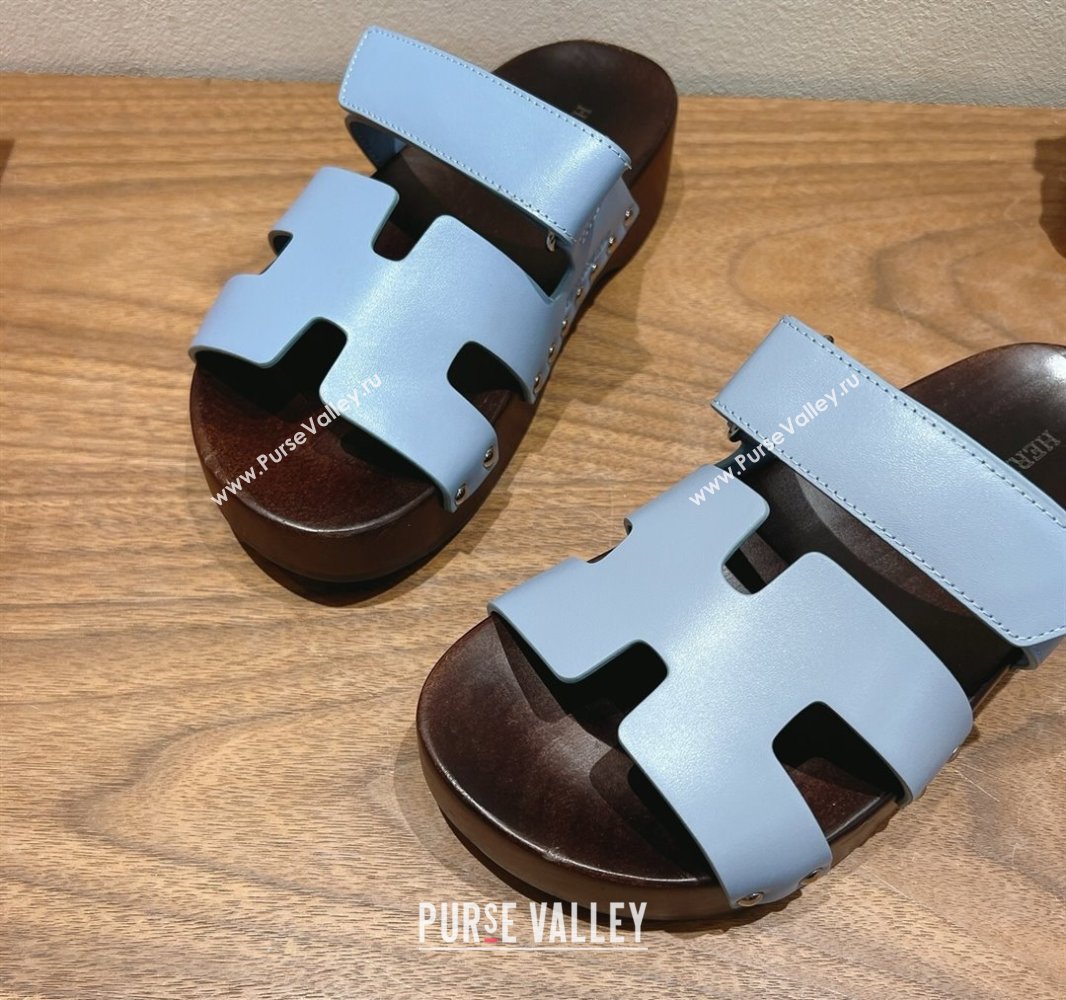 Hermes Kos Clog Slides Sandal 4cm in Calfskin Leather and Wood Outsole Blue 2025 0419 (XC-250419048)