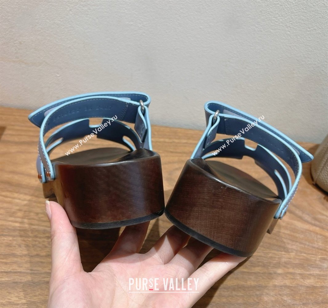 Hermes Kos Clog Slides Sandal 4cm in Calfskin Leather and Wood Outsole Blue 2025 0419 (XC-250419048)