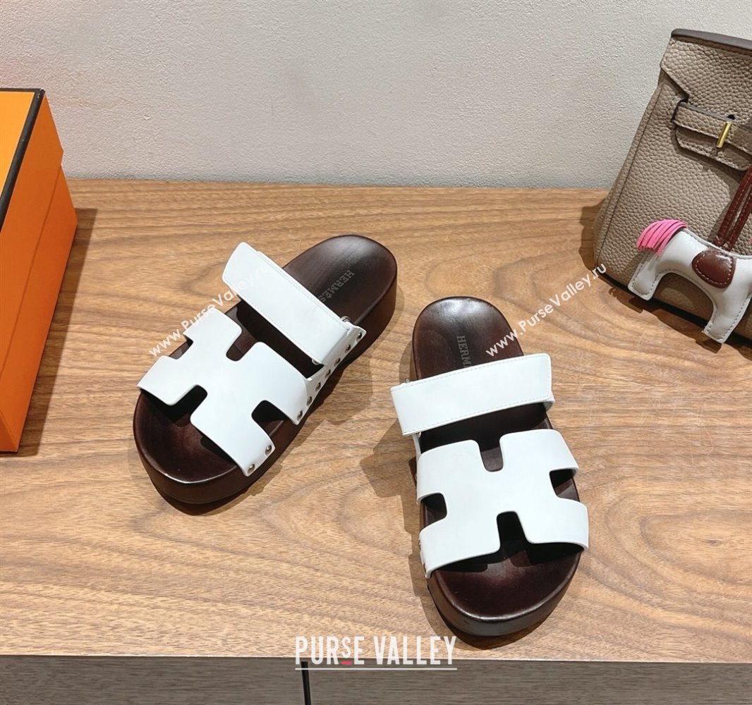 Hermes Kos Clog Slides Sandal 4cm in Calfskin Leather and Wood Outsole White 2025 0419 (XC-250419049)