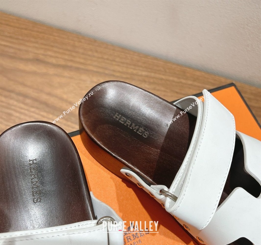 Hermes Kos Clog Slides Sandal 4cm in Calfskin Leather and Wood Outsole White 2025 0419 (XC-250419049)
