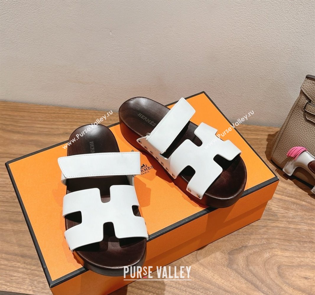 Hermes Kos Clog Slides Sandal 4cm in Calfskin Leather and Wood Outsole White 2025 0419 (XC-250419049)