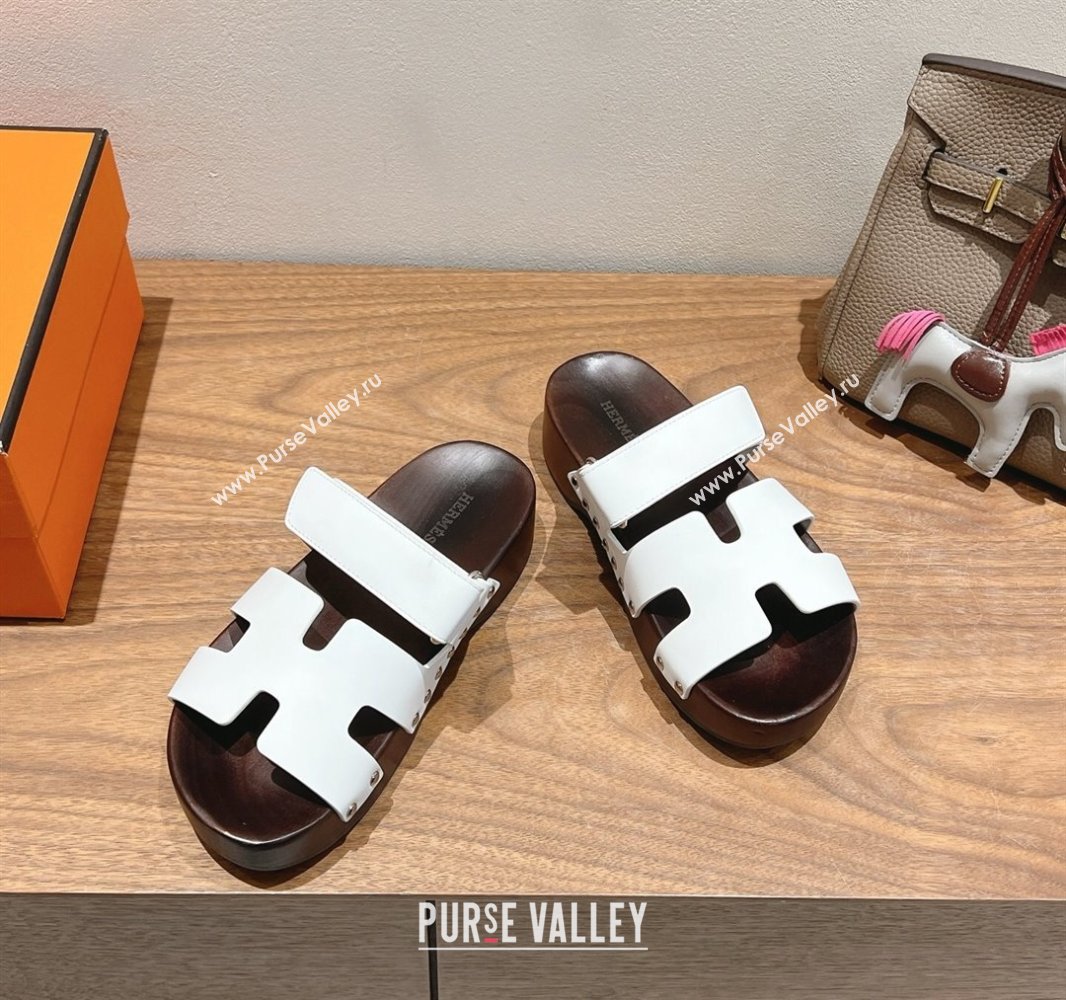 Hermes Kos Clog Slides Sandal 4cm in Calfskin Leather and Wood Outsole White 2025 0419 (XC-250419049)