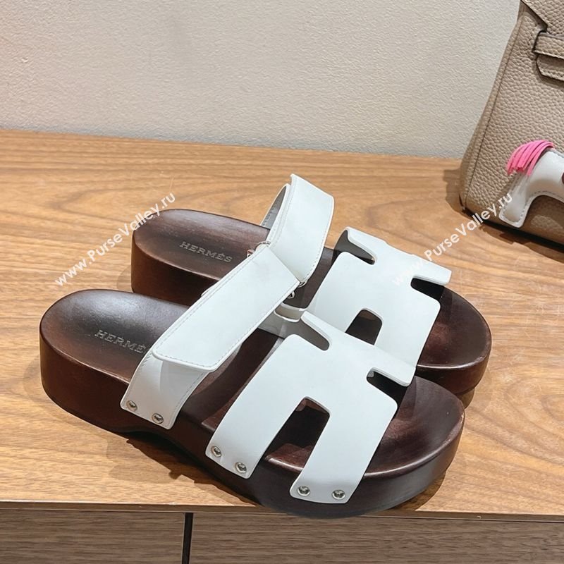 Hermes Kos Clog Slides Sandal 4cm in Calfskin Leather and Wood Outsole White 2025 0419 (XC-250419049)