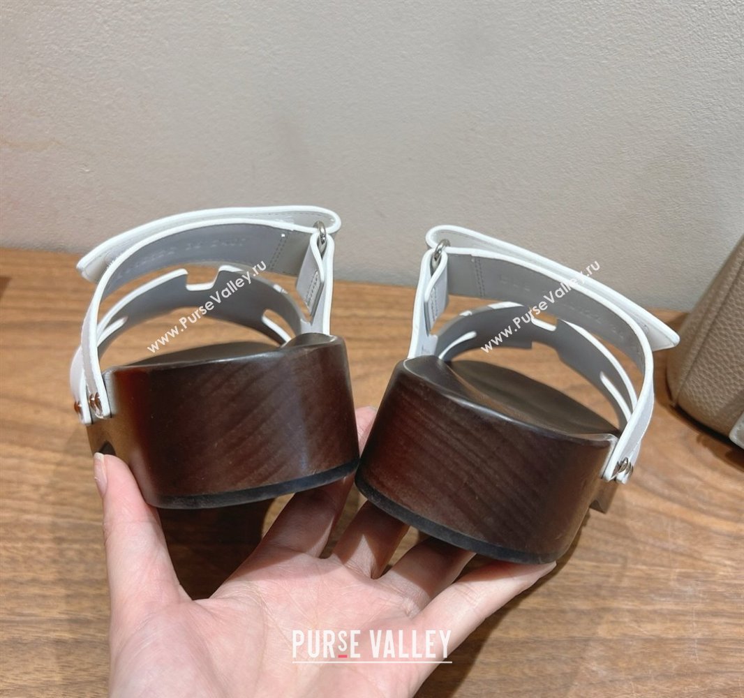 Hermes Kos Clog Slides Sandal 4cm in Calfskin Leather and Wood Outsole White 2025 0419 (XC-250419049)