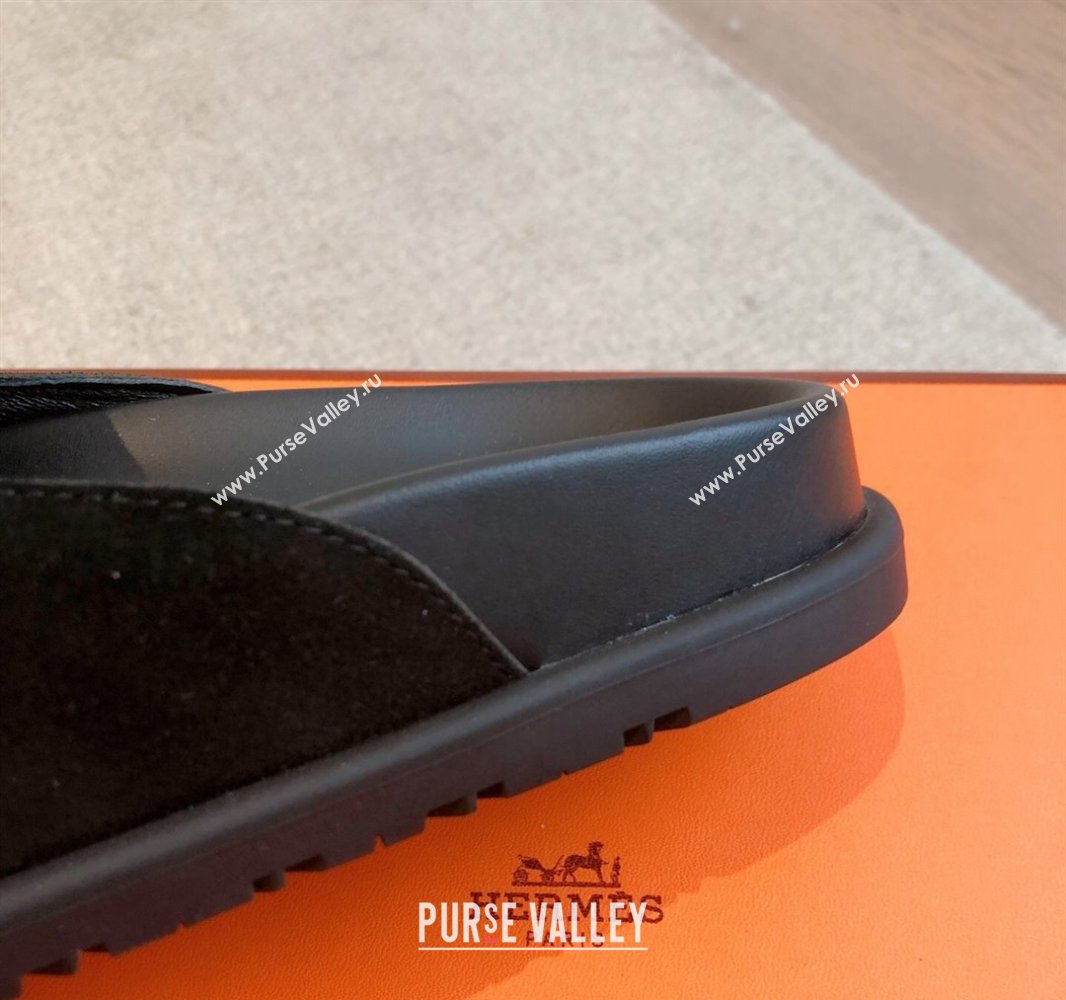 Hermes Johan Flat Mules in Suede Black 2025 0418 (XC-250418117)