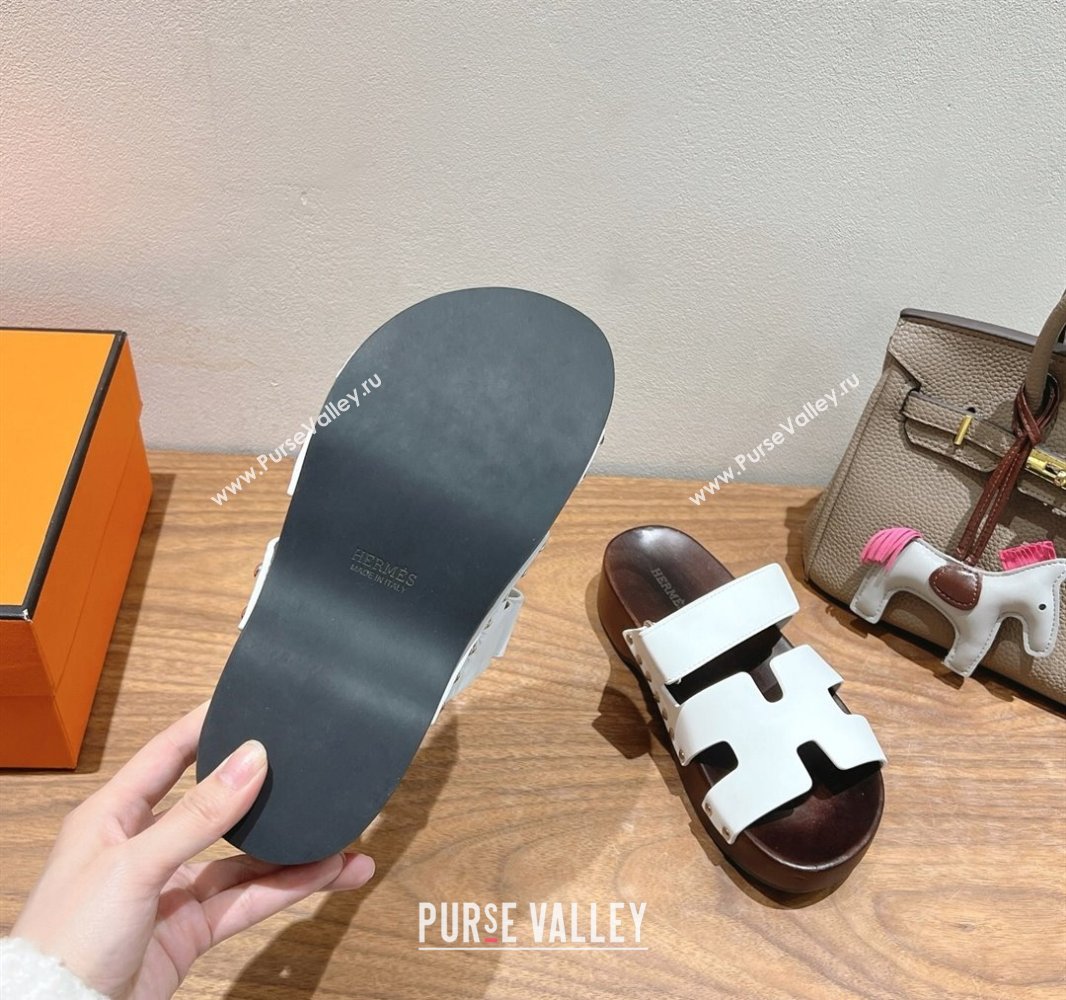 Hermes Kos Clog Slides Sandal 4cm in Calfskin Leather and Wood Outsole White 2025 0419 (XC-250419049)