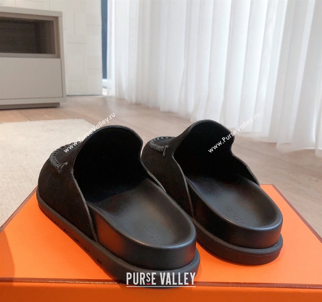 Hermes Johan Flat Mules in Suede Black 2025 0418 (XC-250418117)