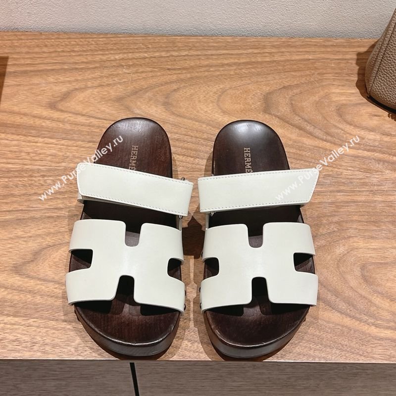 Hermes Kos Clog Slides Sandal 4cm in Calfskin Leather and Wood Outsole Grey White 2025 0419 (XC-250419051)