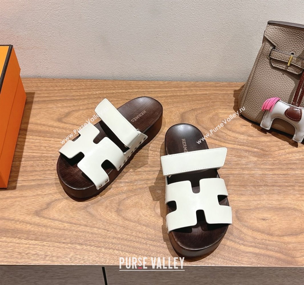 Hermes Kos Clog Slides Sandal 4cm in Calfskin Leather and Wood Outsole Grey White 2025 0419 (XC-250419051)