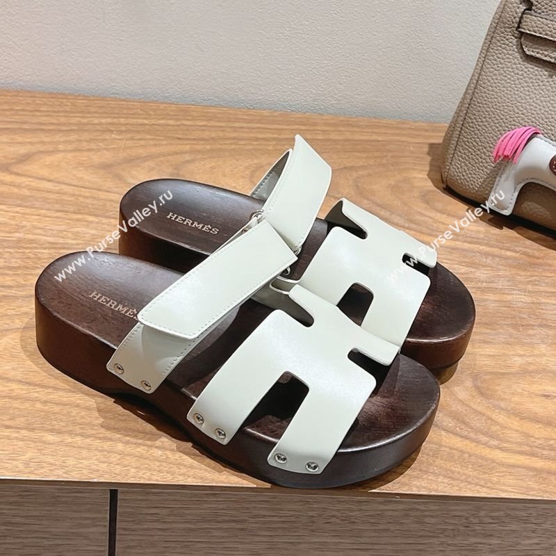 Hermes Kos Clog Slides Sandal 4cm in Calfskin Leather and Wood Outsole Grey White 2025 0419 (XC-250419051)