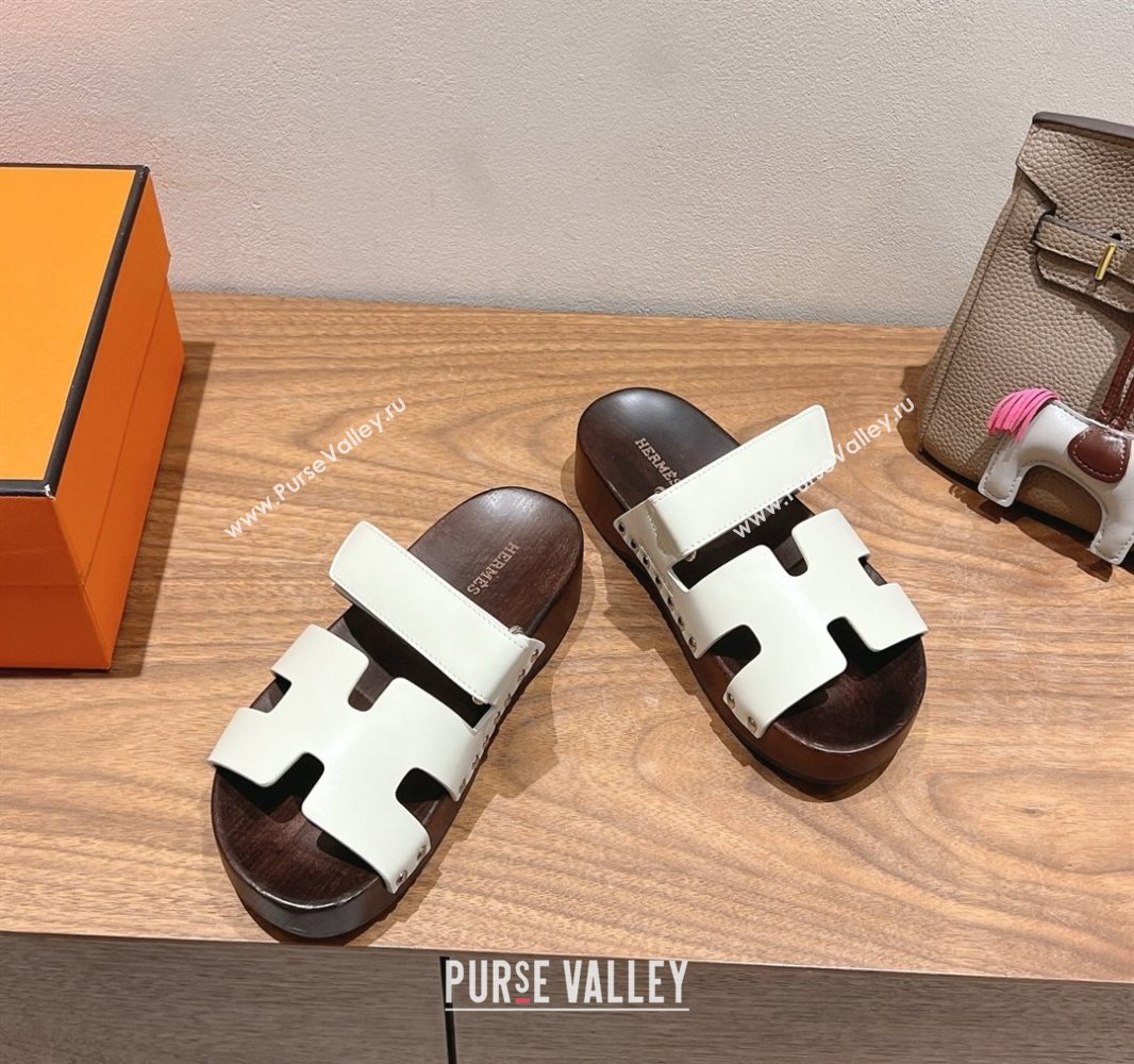 Hermes Kos Clog Slides Sandal 4cm in Calfskin Leather and Wood Outsole Grey White 2025 0419 (XC-250419051)