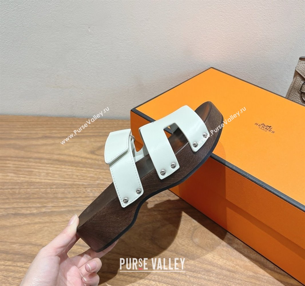Hermes Kos Clog Slides Sandal 4cm in Calfskin Leather and Wood Outsole Grey White 2025 0419 (XC-250419051)