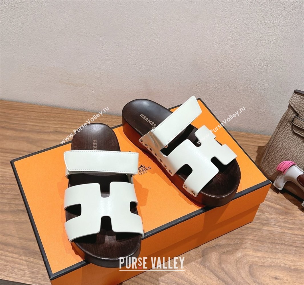 Hermes Kos Clog Slides Sandal 4cm in Calfskin Leather and Wood Outsole Grey White 2025 0419 (XC-250419051)