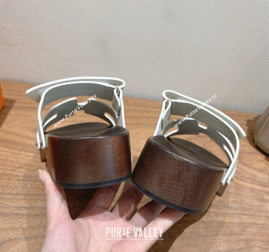 Hermes Kos Clog Slides Sandal 4cm in Calfskin Leather and Wood Outsole Grey White 2025 0419 (XC-250419051)