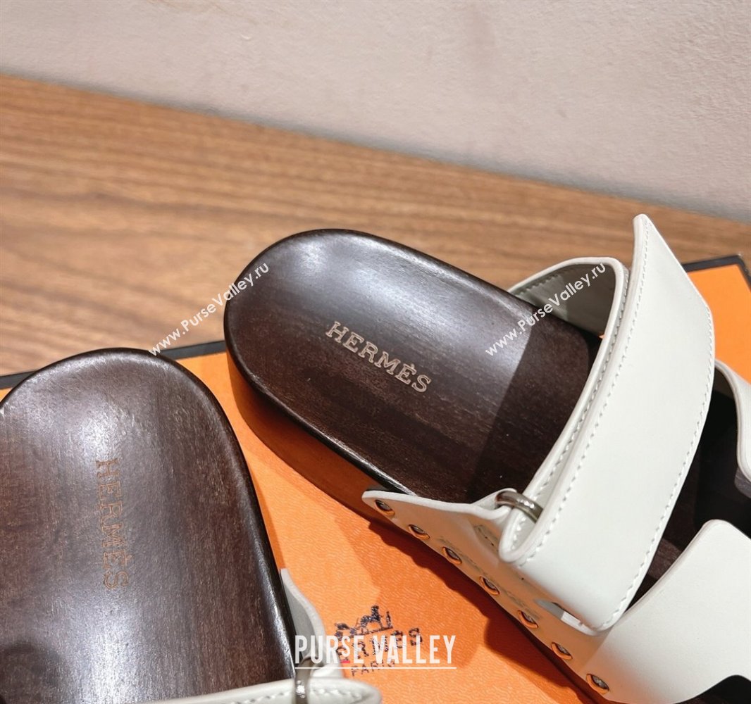 Hermes Kos Clog Slides Sandal 4cm in Calfskin Leather and Wood Outsole Grey White 2025 0419 (XC-250419051)