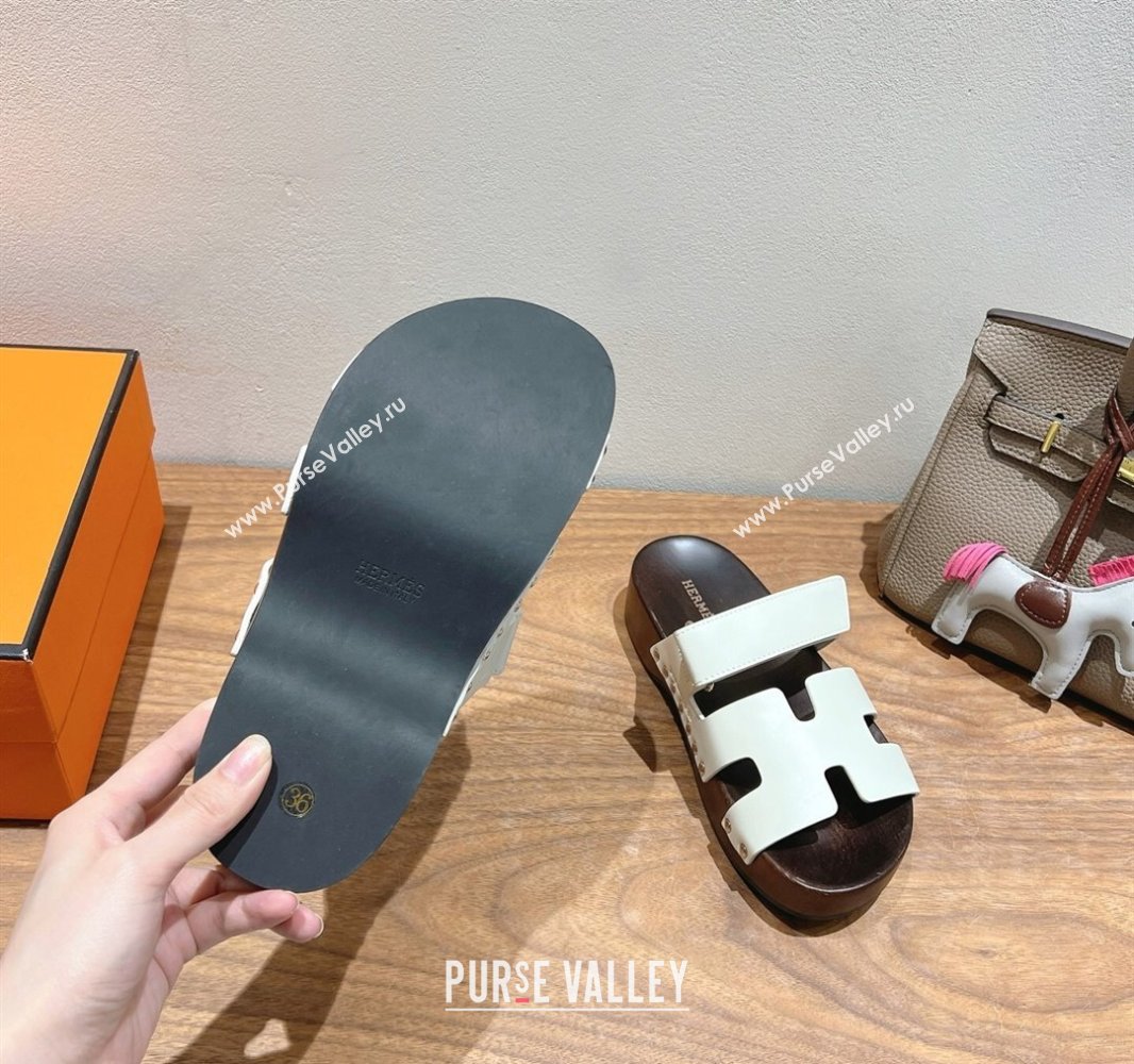Hermes Kos Clog Slides Sandal 4cm in Calfskin Leather and Wood Outsole Grey White 2025 0419 (XC-250419051)