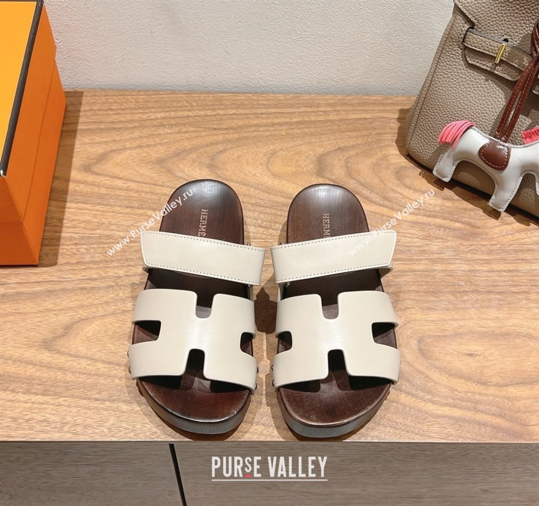 Hermes Kos Clog Slides Sandal 4cm in Calfskin Leather and Wood Outsole Beige Grey 2025 0419 (XC-250419052)