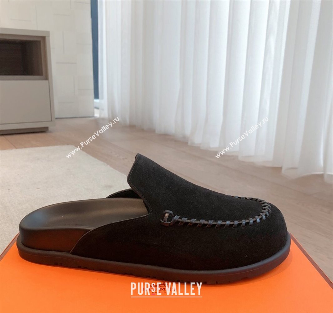 Hermes Johan Flat Mules in Suede Black 2025 0418 (XC-250418117)