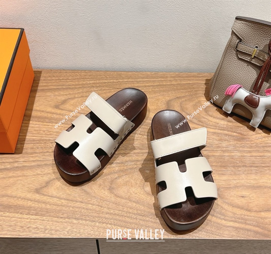 Hermes Kos Clog Slides Sandal 4cm in Calfskin Leather and Wood Outsole Beige Grey 2025 0419 (XC-250419052)