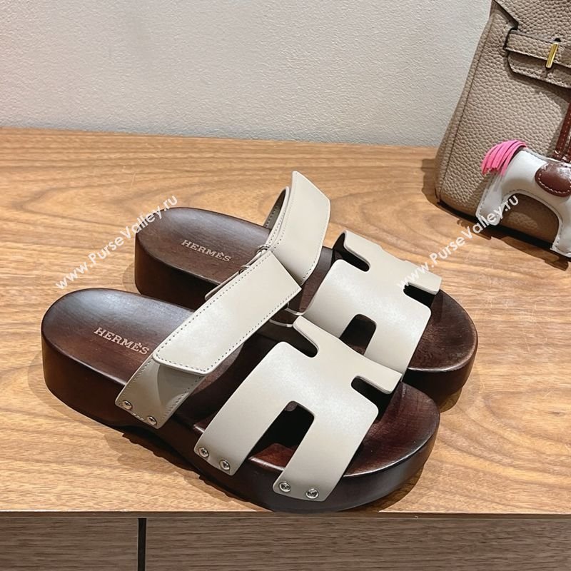 Hermes Kos Clog Slides Sandal 4cm in Calfskin Leather and Wood Outsole Beige Grey 2025 0419 (XC-250419052)