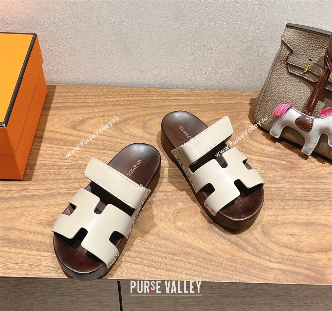 Hermes Kos Clog Slides Sandal 4cm in Calfskin Leather and Wood Outsole Beige Grey 2025 0419 (XC-250419052)