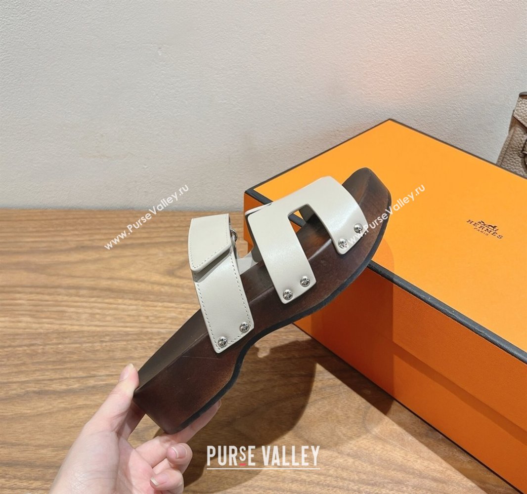 Hermes Kos Clog Slides Sandal 4cm in Calfskin Leather and Wood Outsole Beige Grey 2025 0419 (XC-250419052)