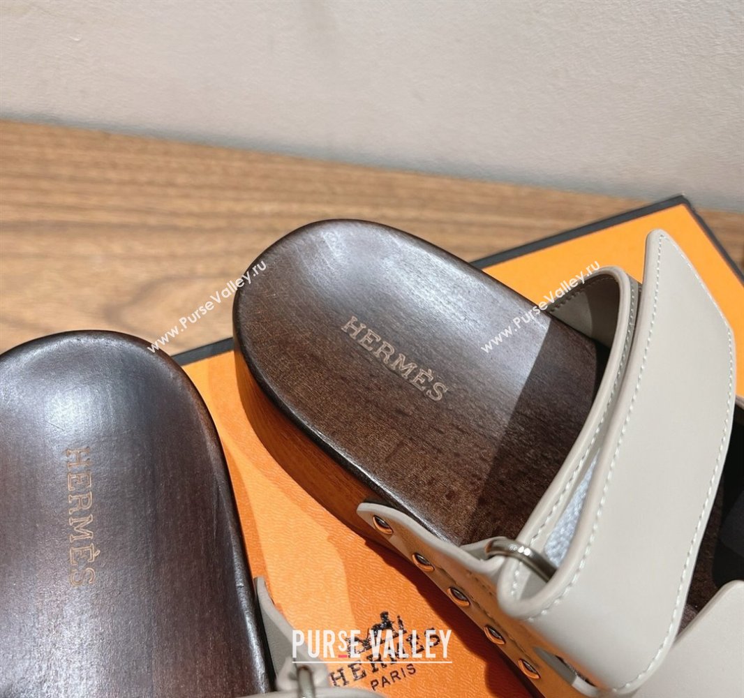 Hermes Kos Clog Slides Sandal 4cm in Calfskin Leather and Wood Outsole Beige Grey 2025 0419 (XC-250419052)