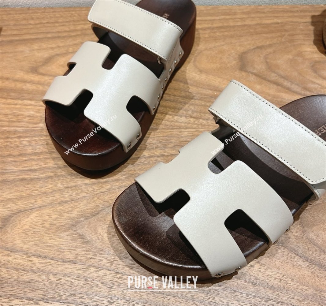 Hermes Kos Clog Slides Sandal 4cm in Calfskin Leather and Wood Outsole Beige Grey 2025 0419 (XC-250419052)