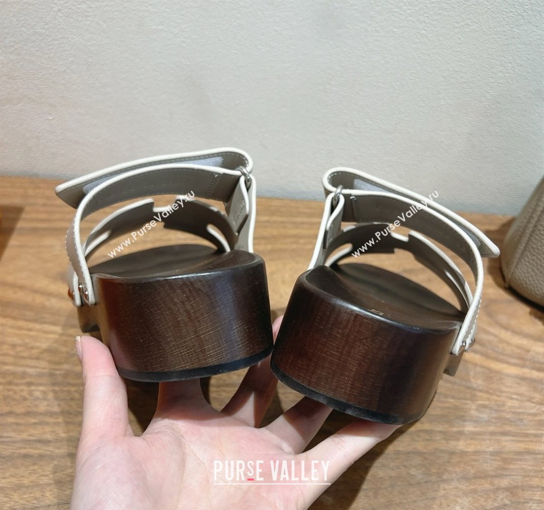 Hermes Kos Clog Slides Sandal 4cm in Calfskin Leather and Wood Outsole Beige Grey 2025 0419 (XC-250419052)