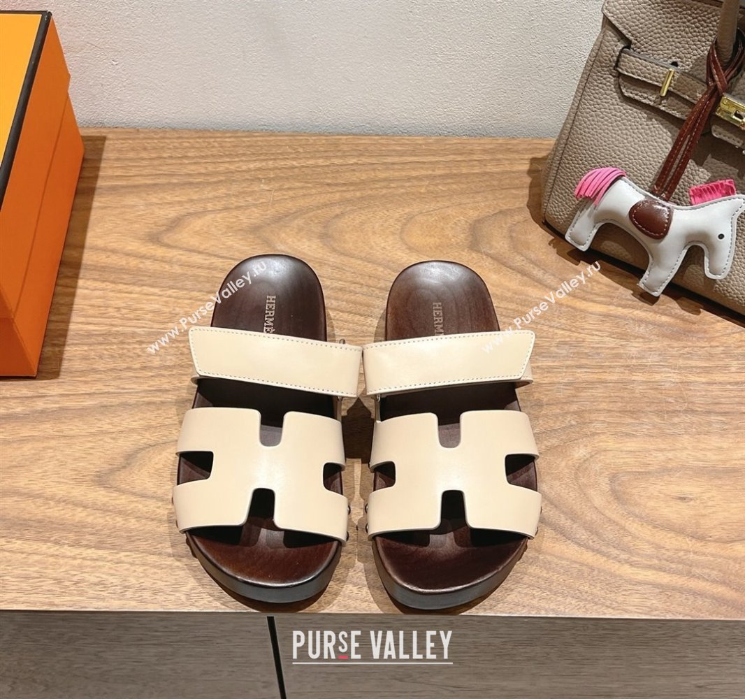 Hermes Kos Clog Slides Sandal 4cm in Calfskin Leather and Wood Outsole Beige2 2025 0419 (XC-250419053)