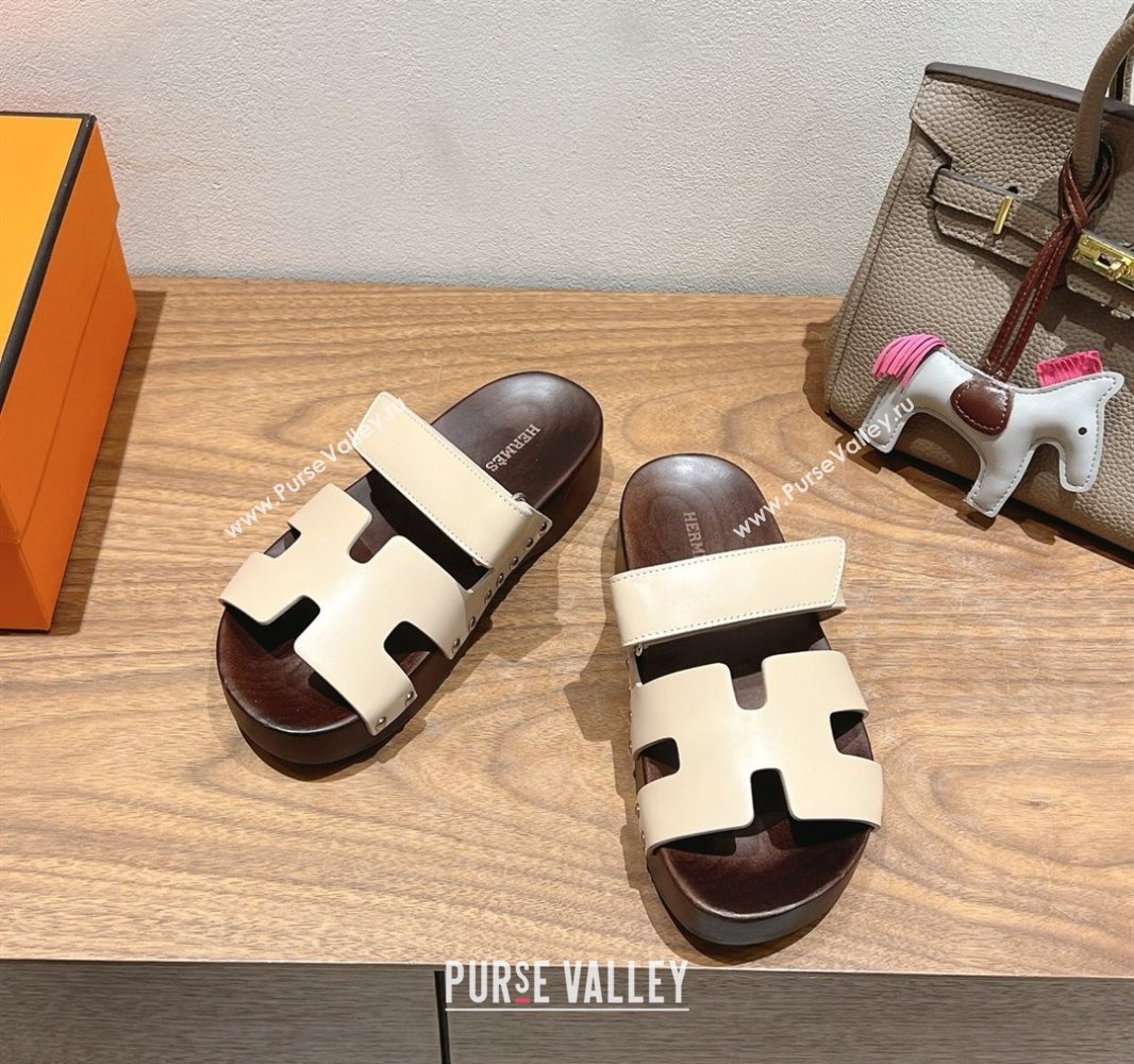 Hermes Kos Clog Slides Sandal 4cm in Calfskin Leather and Wood Outsole Beige2 2025 0419 (XC-250419053)