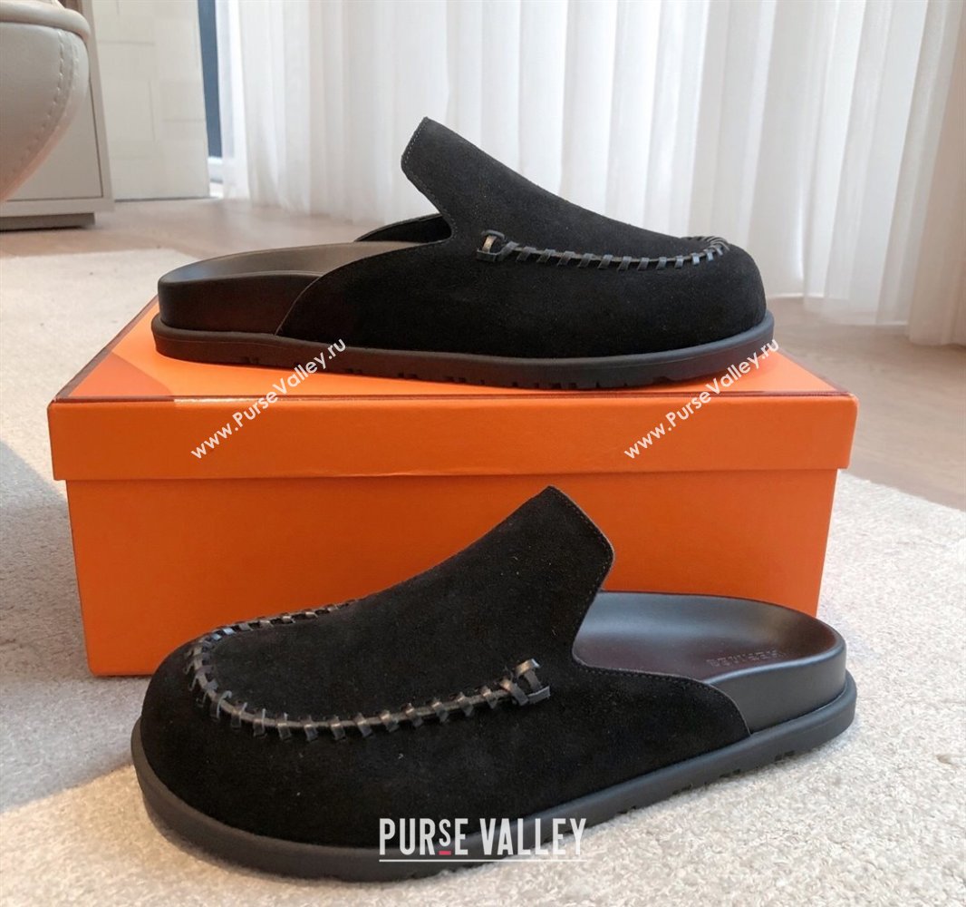 Hermes Johan Flat Mules in Suede Black 2025 0418 (XC-250418117)
