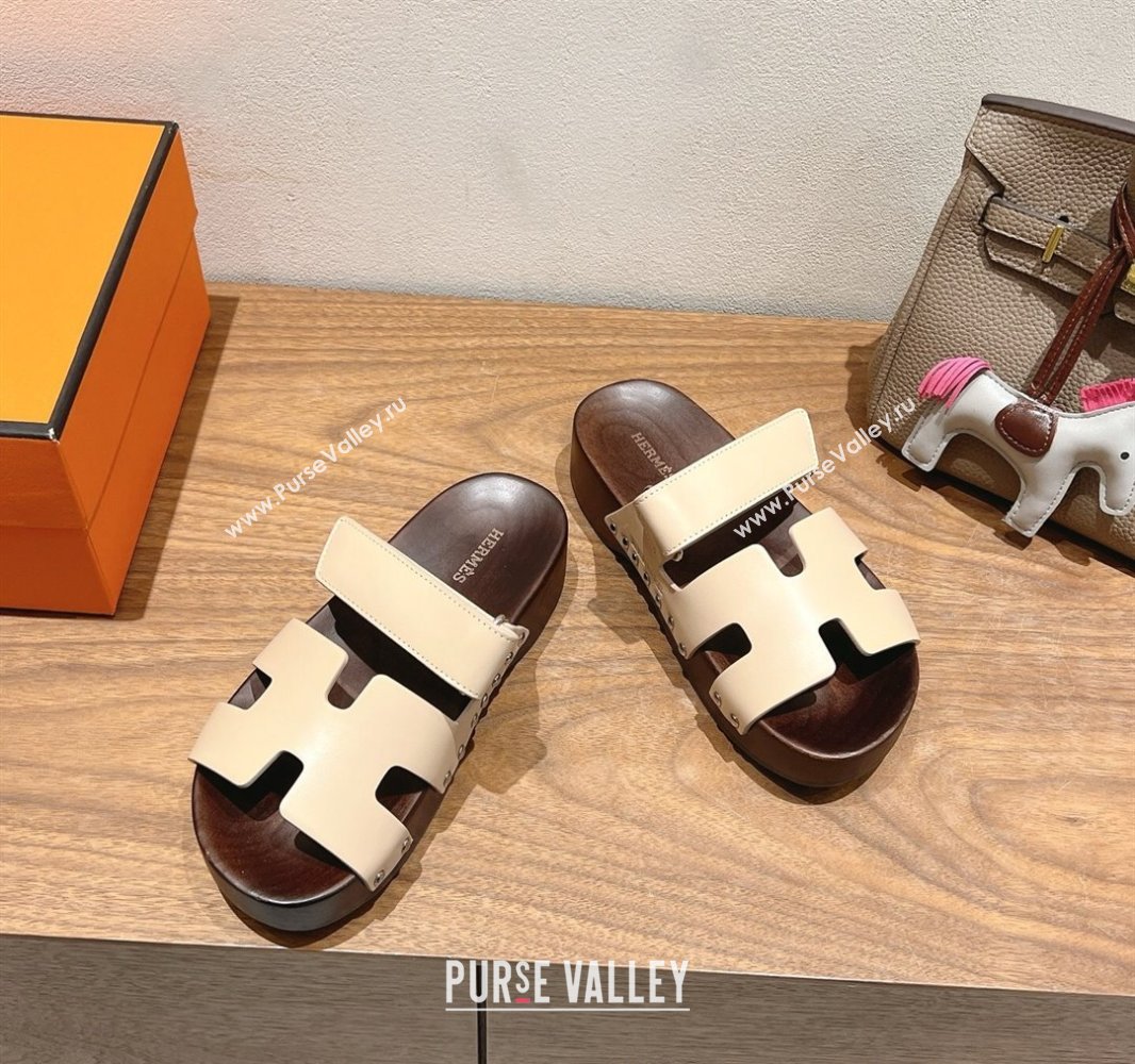 Hermes Kos Clog Slides Sandal 4cm in Calfskin Leather and Wood Outsole Beige2 2025 0419 (XC-250419053)