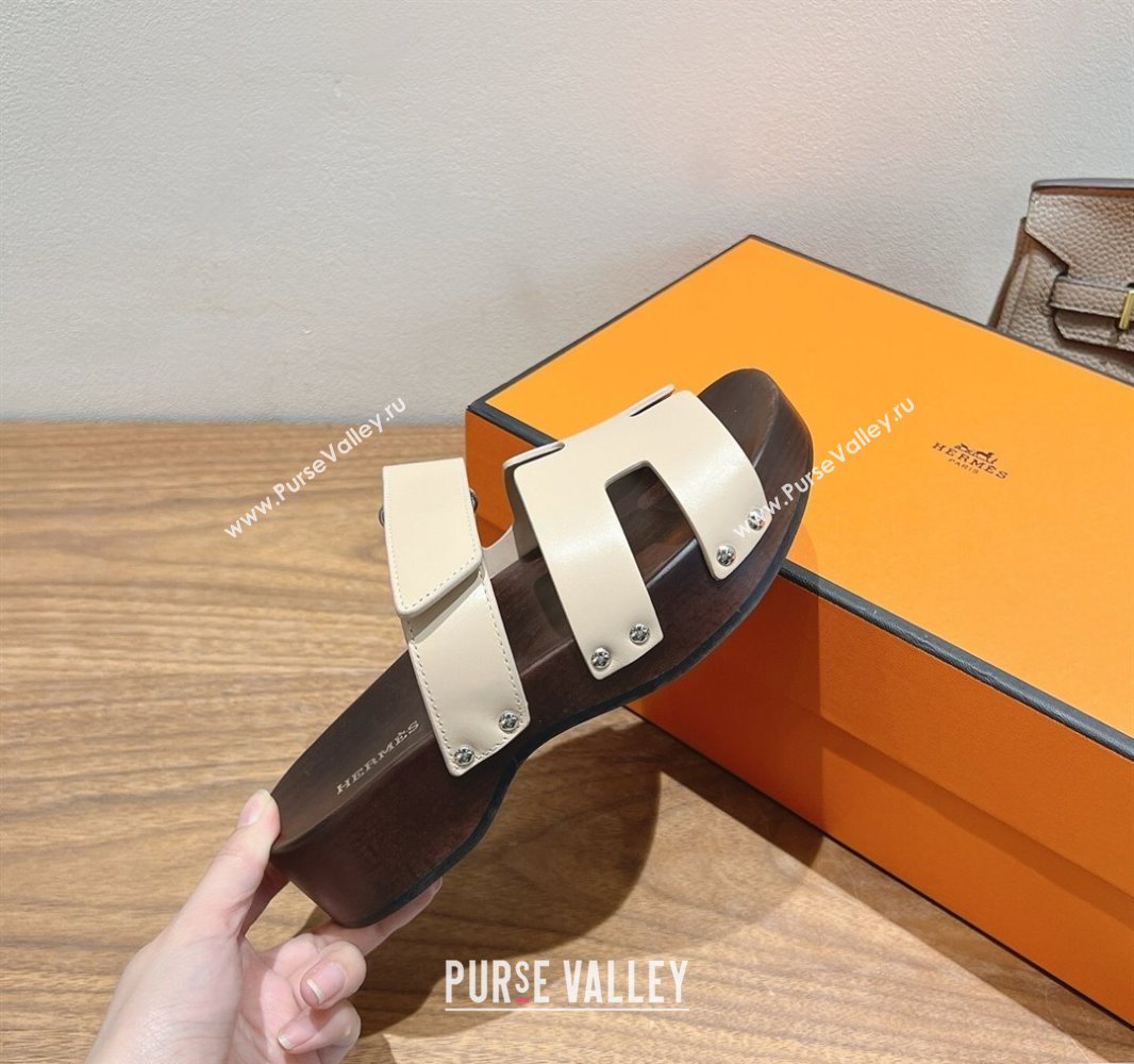 Hermes Kos Clog Slides Sandal 4cm in Calfskin Leather and Wood Outsole Beige2 2025 0419 (XC-250419053)