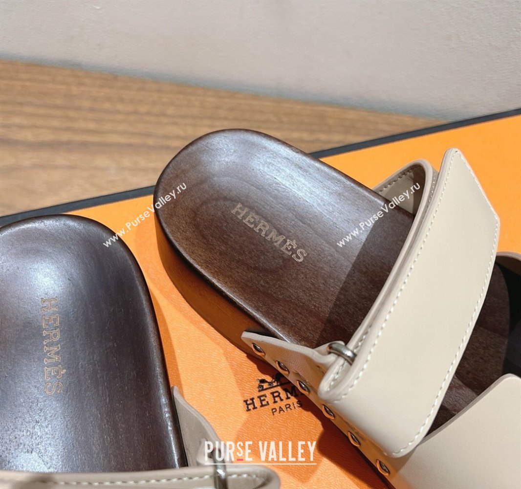 Hermes Kos Clog Slides Sandal 4cm in Calfskin Leather and Wood Outsole Beige2 2025 0419 (XC-250419053)