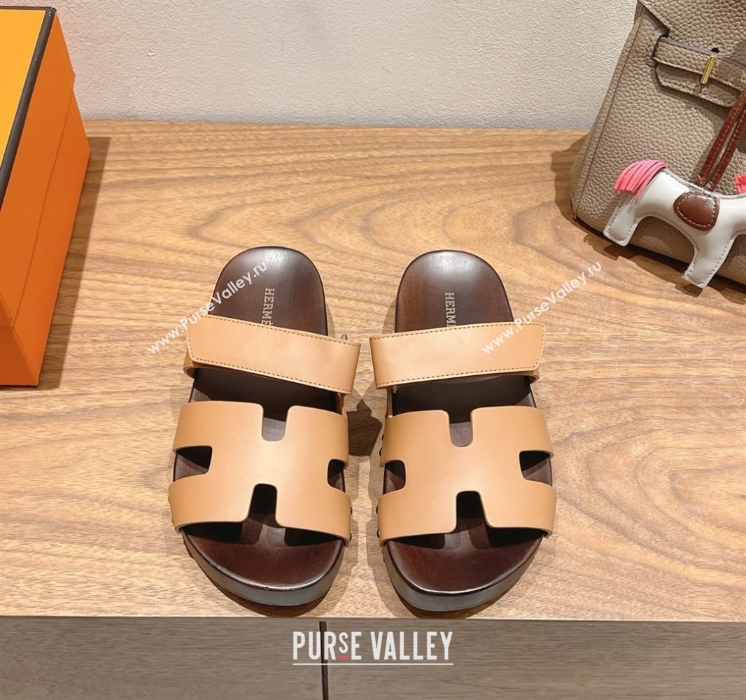 Hermes Kos Clog Slides Sandal 4cm in Calfskin Leather and Wood Outsole Light Brown 2025 0419 (XC-250419054)