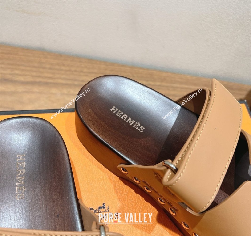Hermes Kos Clog Slides Sandal 4cm in Calfskin Leather and Wood Outsole Light Brown 2025 0419 (XC-250419054)
