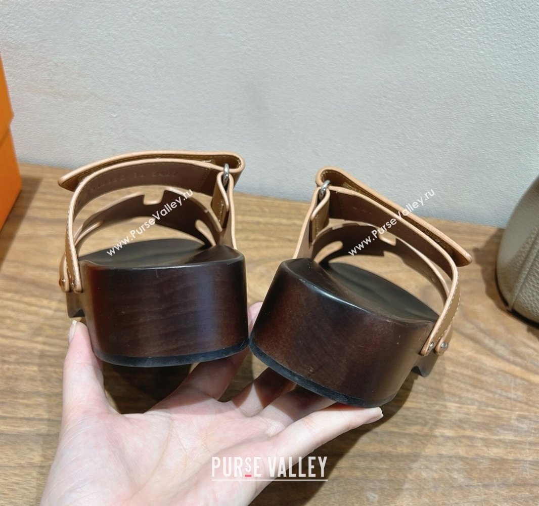 Hermes Kos Clog Slides Sandal 4cm in Calfskin Leather and Wood Outsole Light Brown 2025 0419 (XC-250419054)
