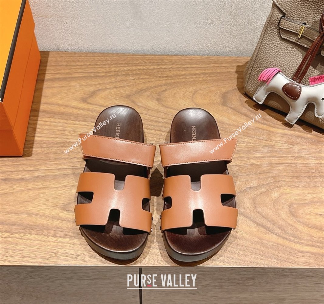 Hermes Kos Clog Slides Sandal 4cm in Calfskin Leather and Wood Outsole Tan Brown 2025 0419 (XC-250419055)
